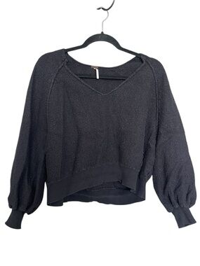 Free People Black V-Neck Balloon Sleeve Sweater
